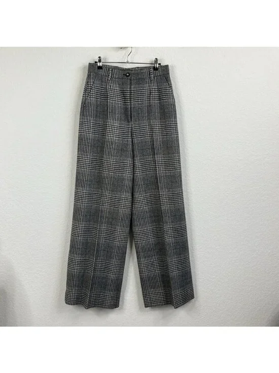 DOLCE & GABBANA Flared Glen Plaid Pants Wool Houndstooth Wide Leg Pants Logo D&G